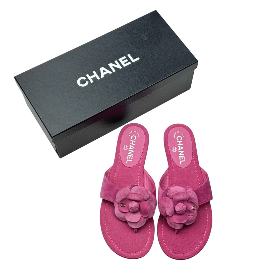 샤넬 37.5c 핑크 까멜리아 스웨이드 플랫 샌들. 카멜리아 상품이미지1