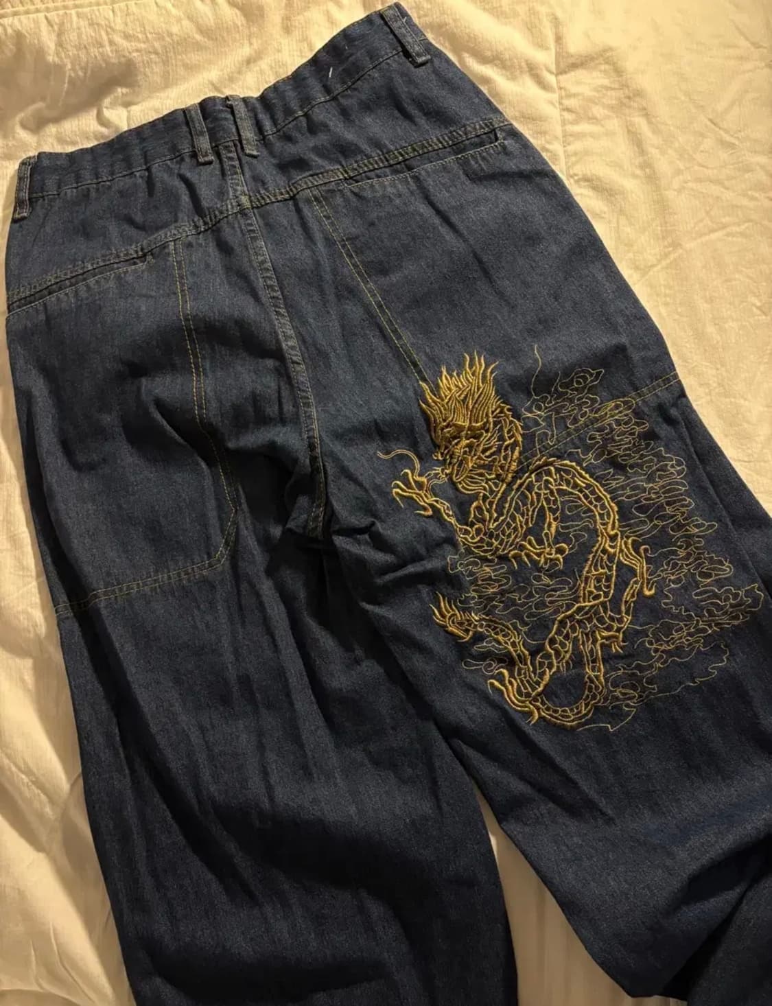 빈티지 용 자수 오리엔탈 중청 벌룬핏 와이드 데님 청바지 상품이미지1