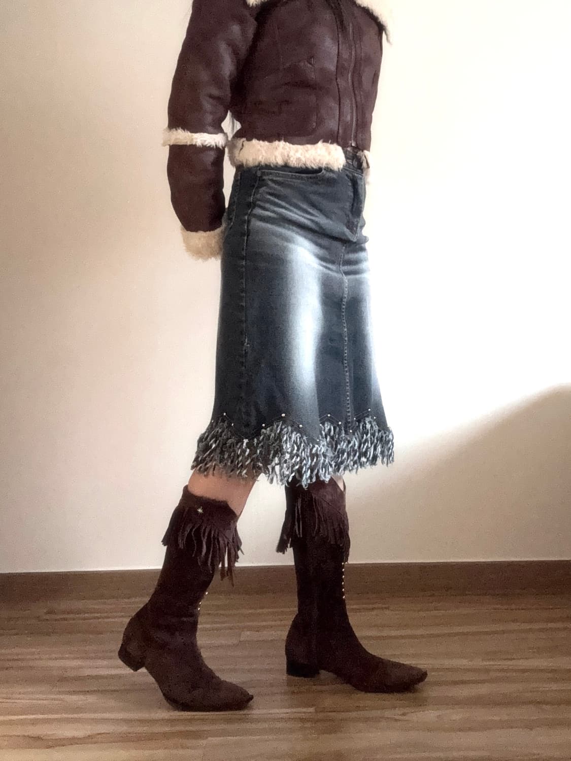 데님 프린지 미디 스커트 상품이미지3