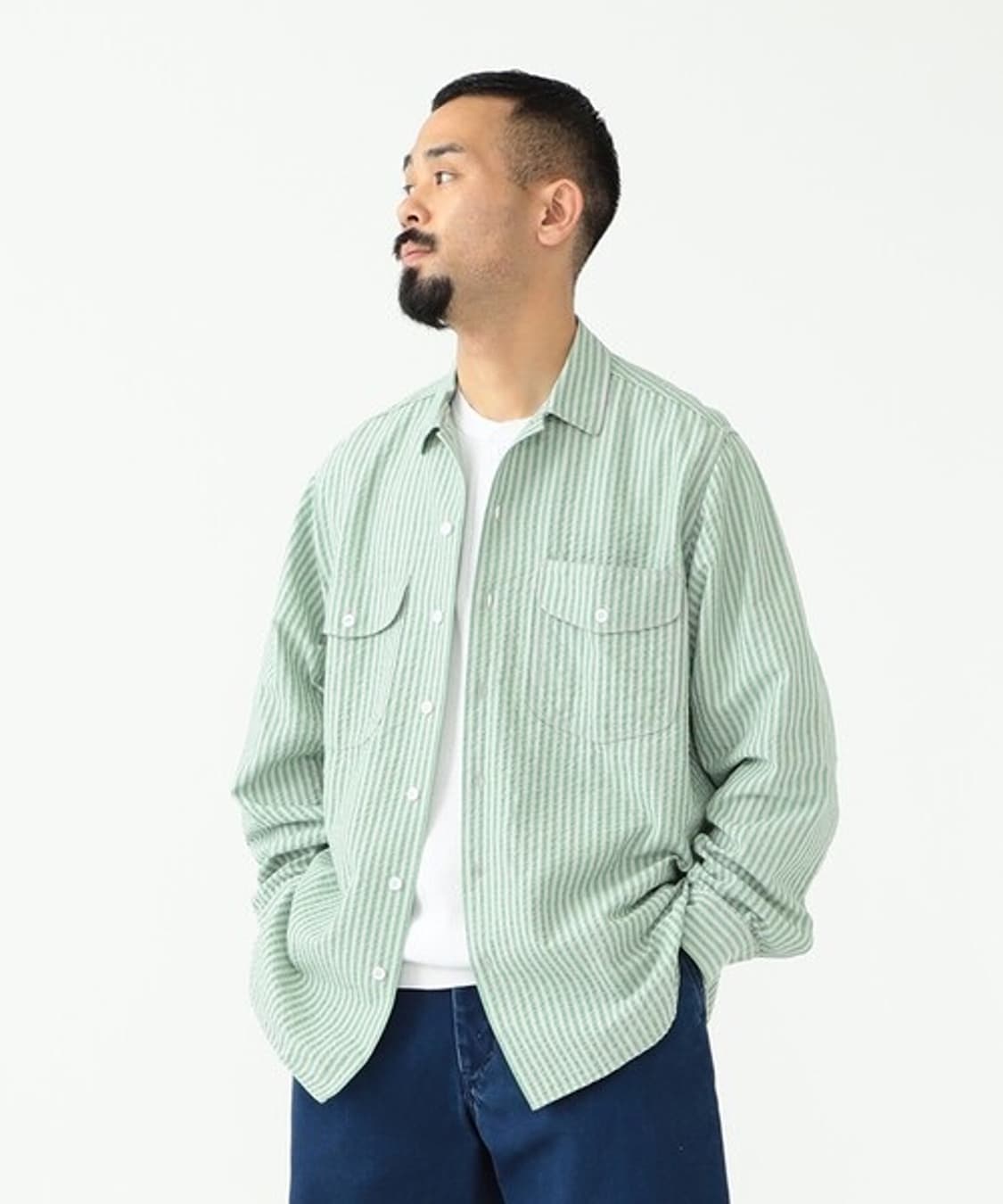 빔즈플러스 시어서커 스트라이프 워크 셔츠 상품이미지1