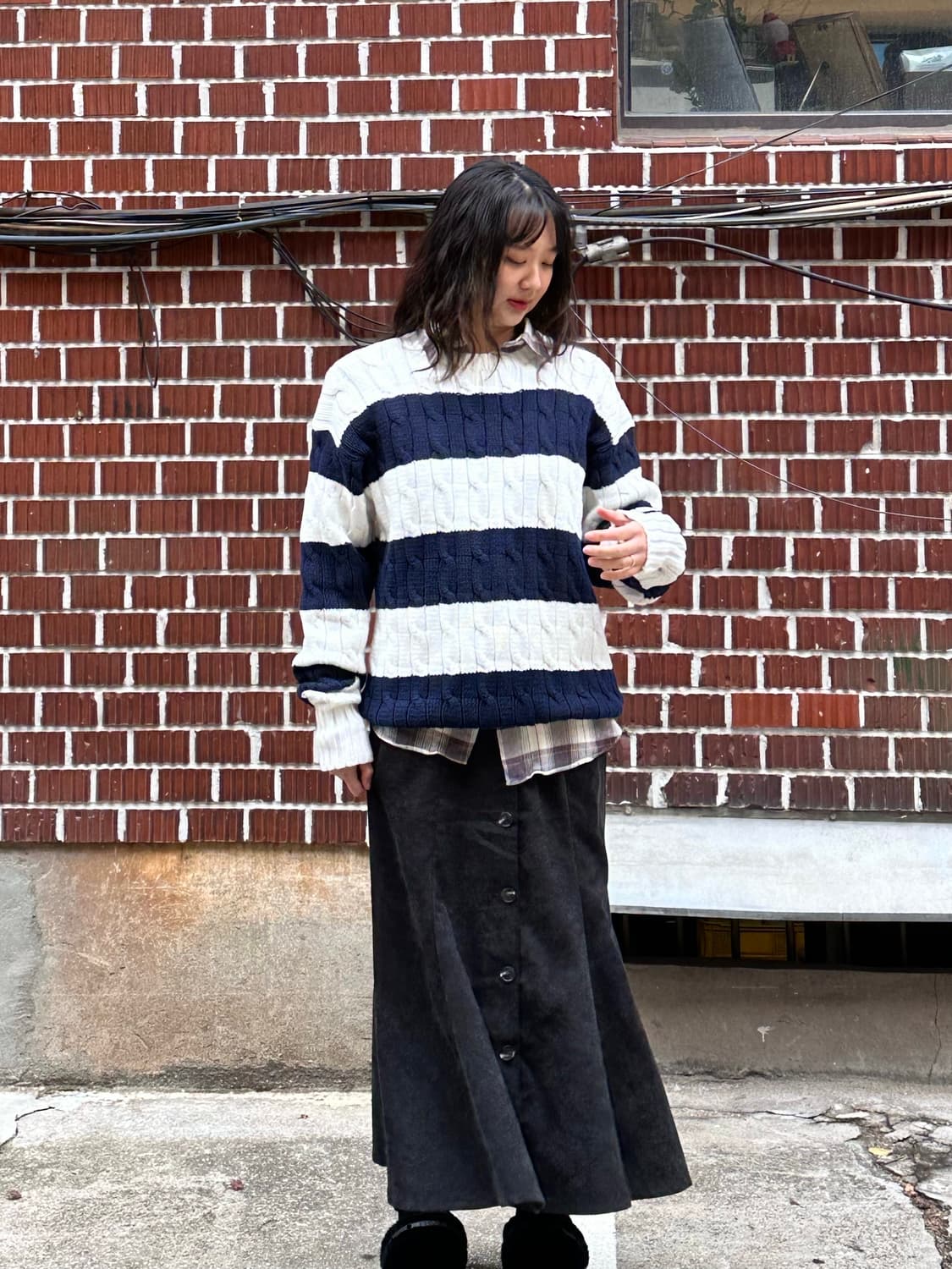 폴로 플리스 스윙톱 폴로 스트라이프 니트 폴로 셔츠 골덴 버튼 스커트세트 상품이미지4