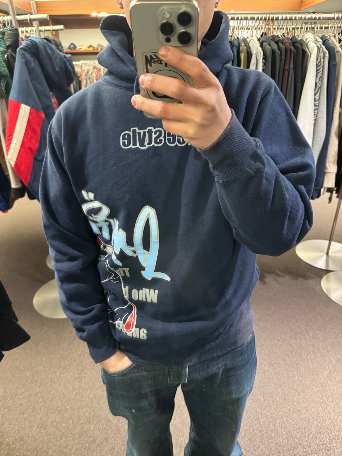 M)DACK DIVE 빈티지 free style프린팅 네이비 후드티 상품이미지1