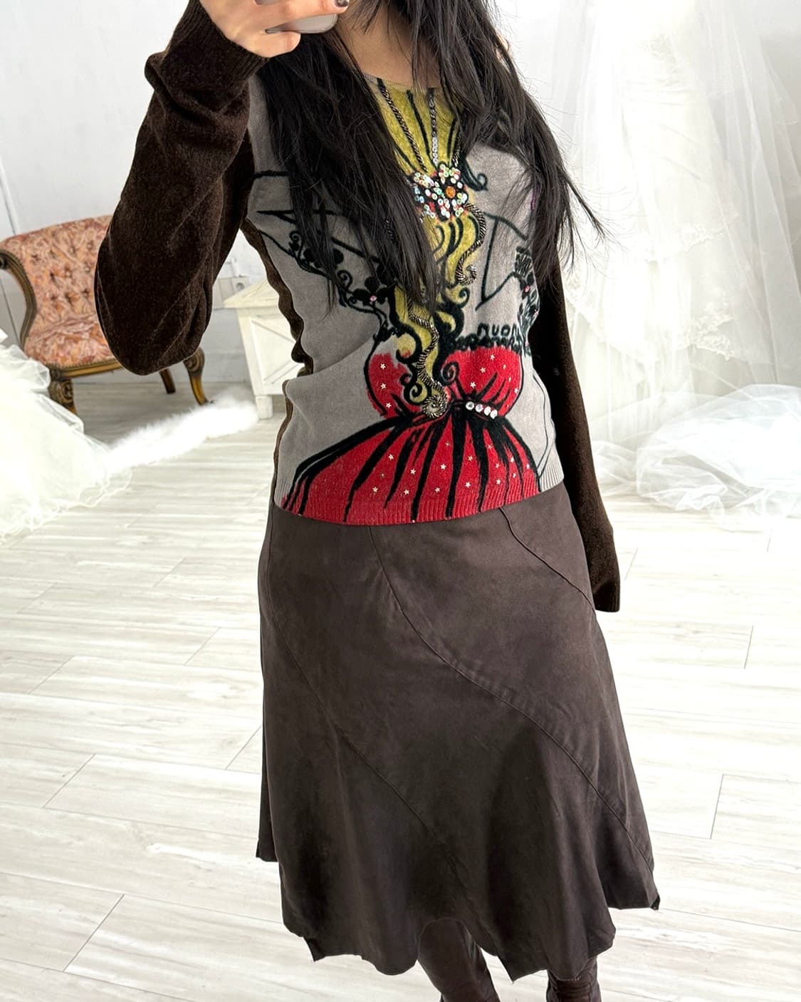 Deep brown suede midi skirt 상품이미지2