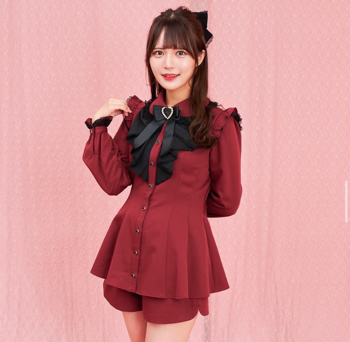 시크릿허니 와인 버건디 셋업 리본 블라우스 스커트팬츠 세트 상품이미지1