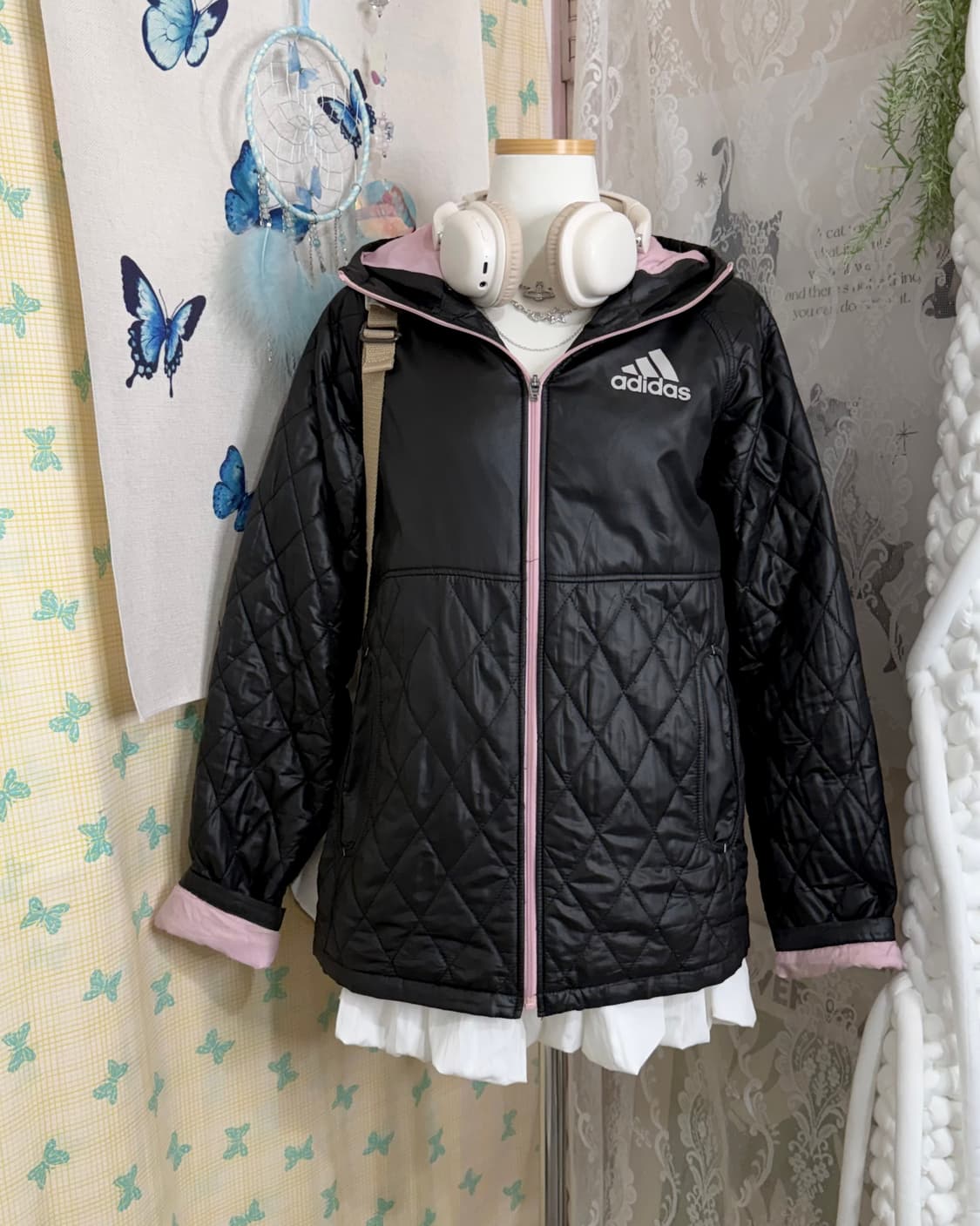 아디다스 블랙 & 핑크 퀼팅 후드 자켓 상품이미지3