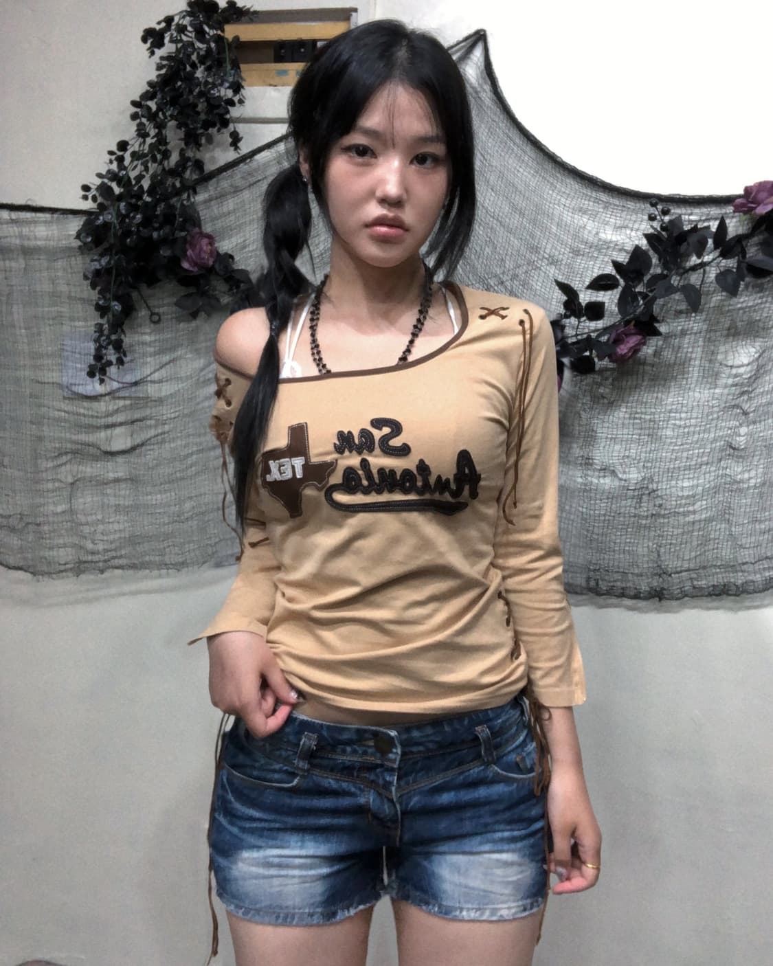 00’s Y2K 베이지 지퍼 아일렛 레터링 탑 상품이미지2