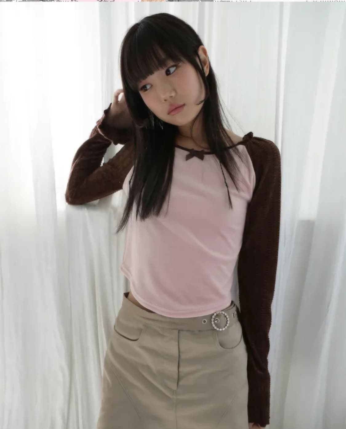 노피셜노피스 스판 벨벳 래글런 탑 핑크 상품이미지1