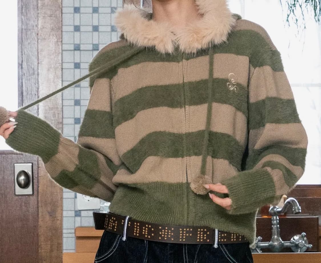 새상품)루나키후 니트 후드집업 카키 상품이미지4