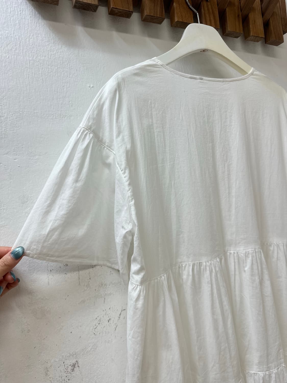일본빈티지 코튼100% 화이트 티어드 버튼넥 반팔 블라우스 원피스 상품이미지5