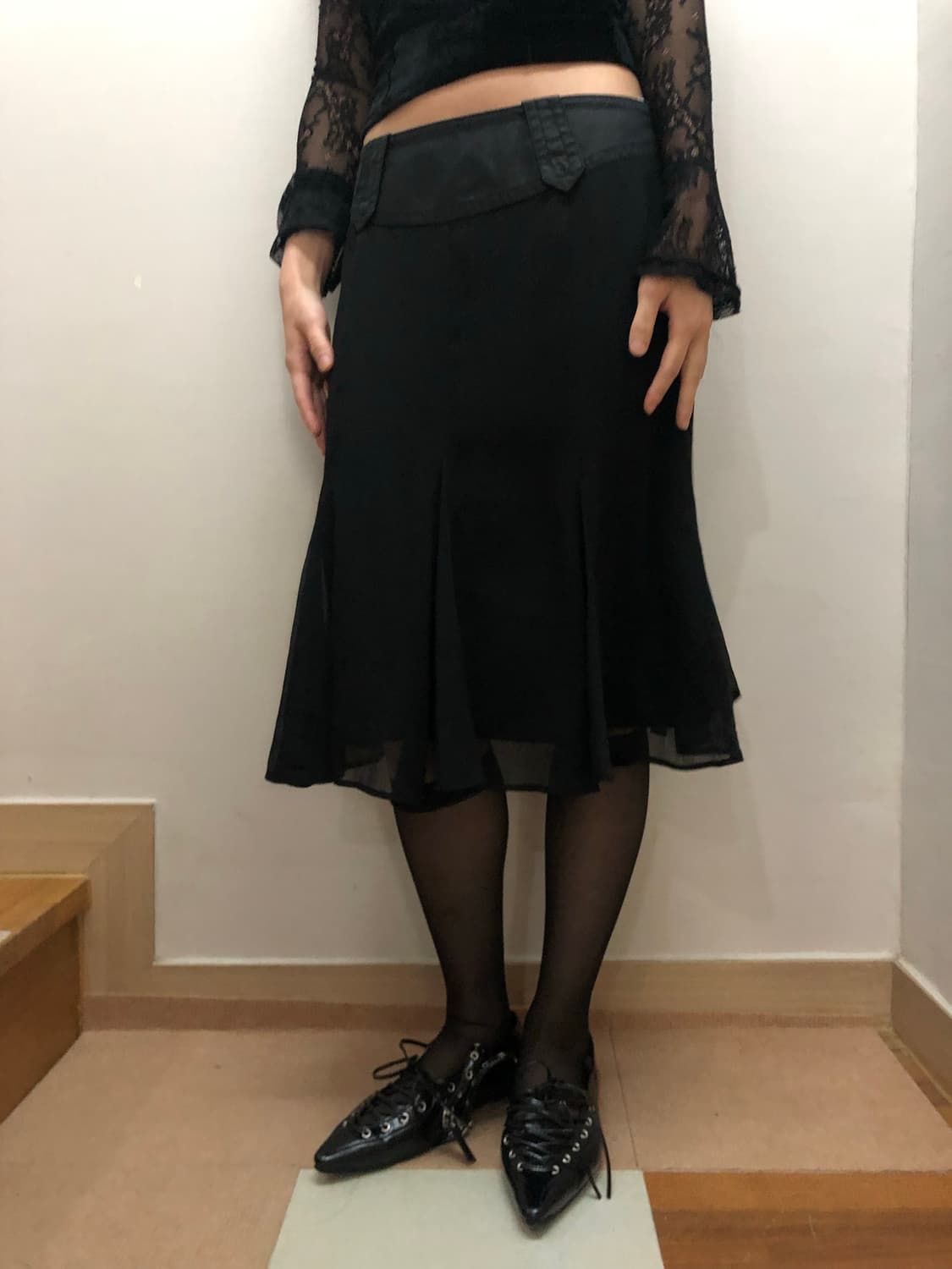 빈티지 블랙 쉬폰 미디 스커트 상품이미지2
