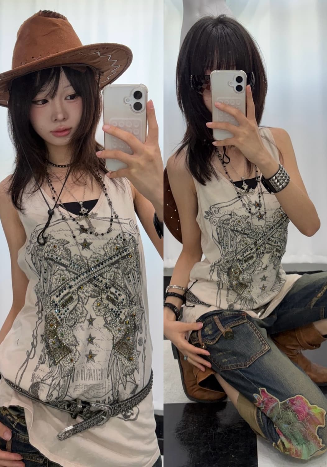 🎸베이지 프린팅 슬리브리스🎸 상품이미지1