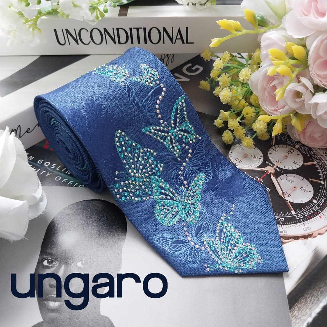 웅가로 실크 블루 나비 자카드 넥타이 8.2cm A+등급 K2450 상품이미지1