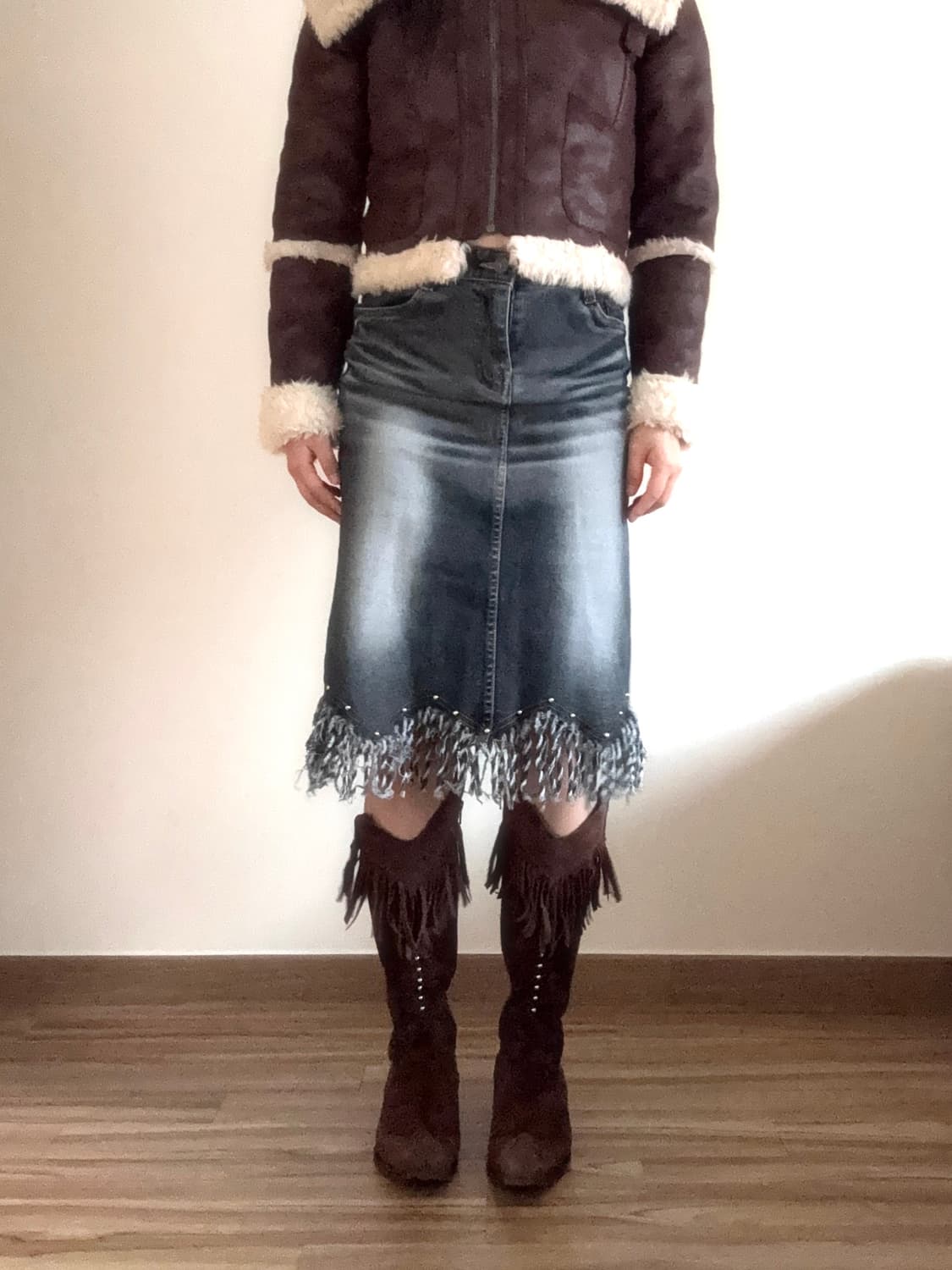 데님 프린지 미디 스커트 상품이미지1