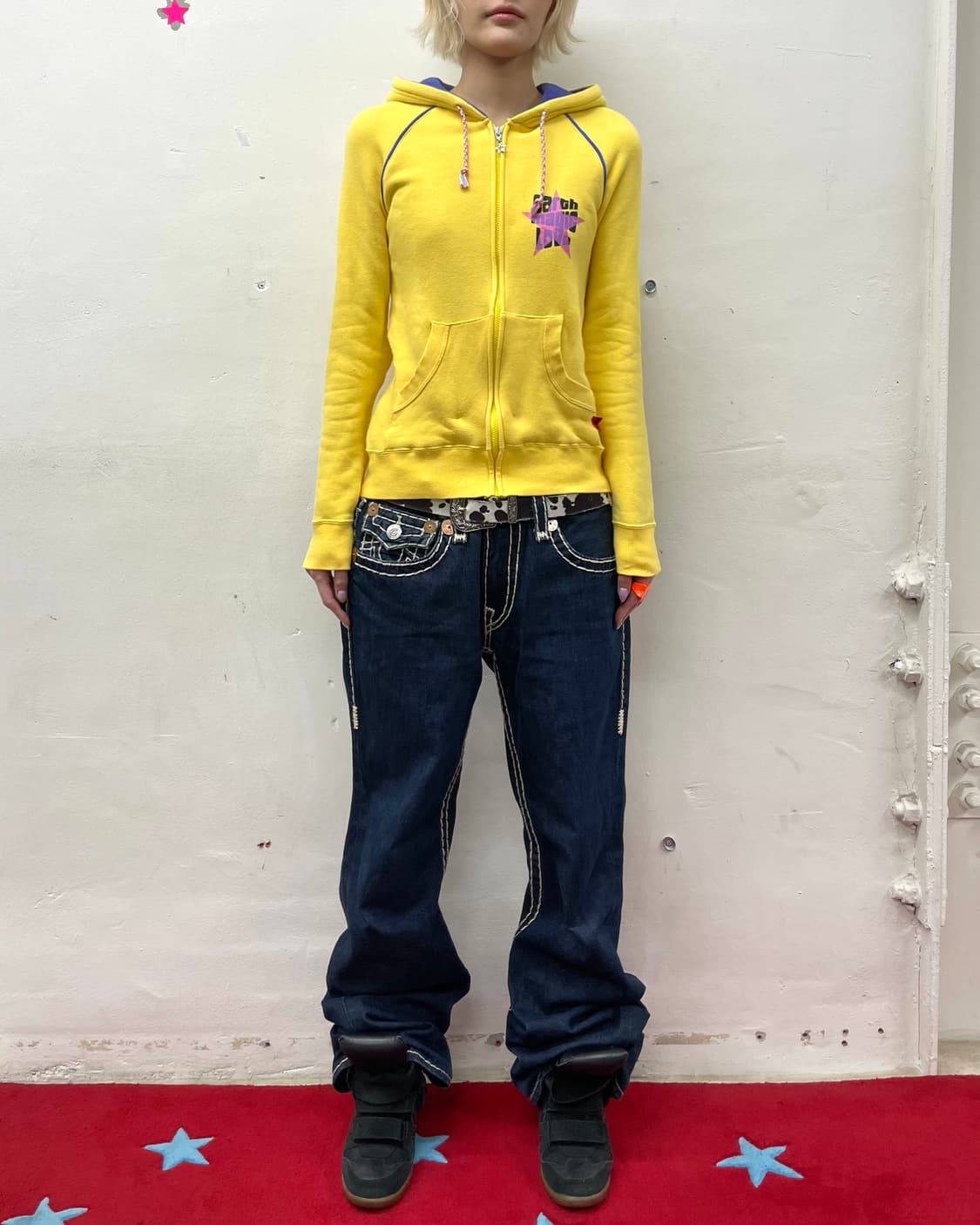 Retro Pink Star Yellow Hooded Zip-Up  상품이미지6