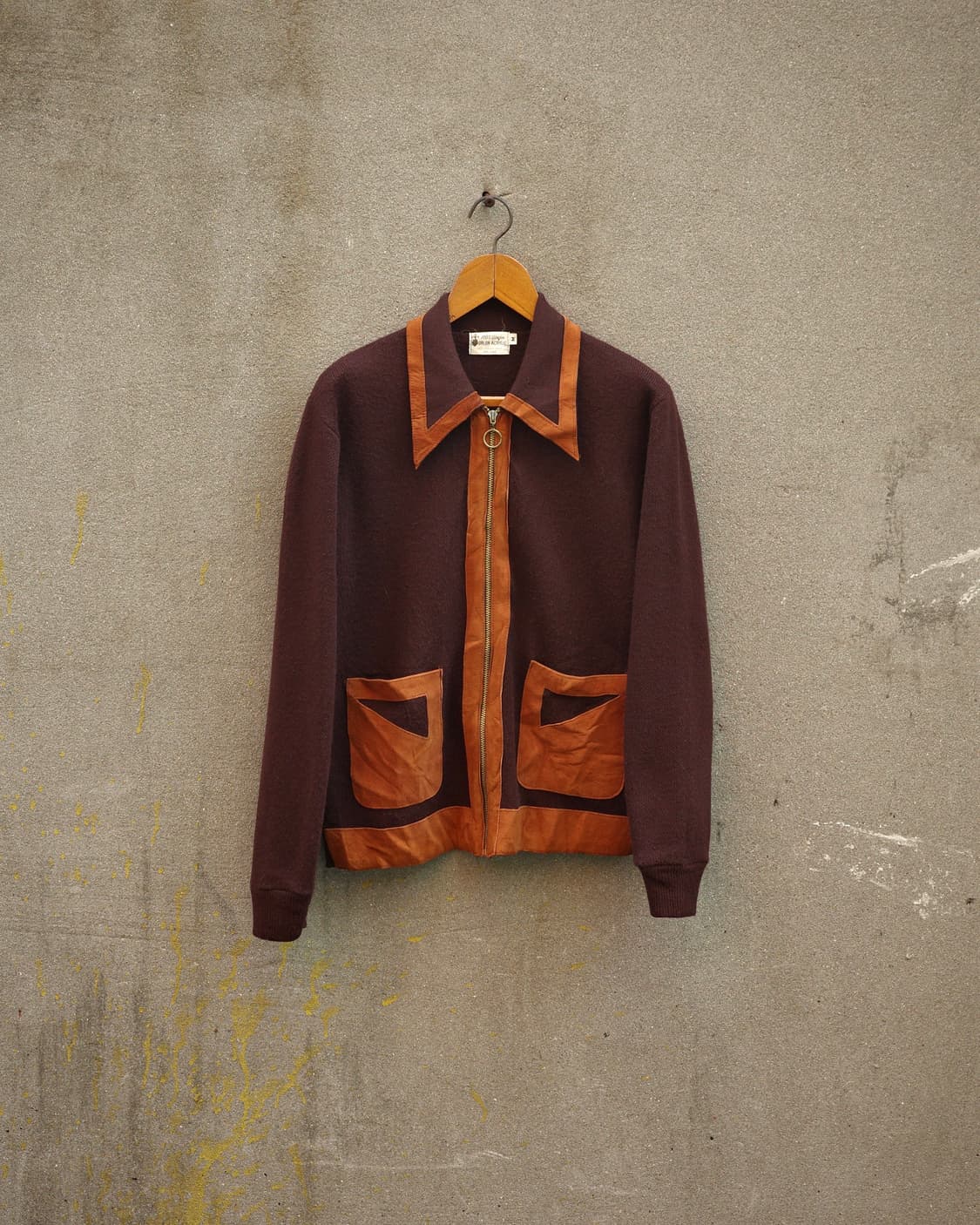 60-70’s 컨템포러리 롱포인트 카라 레더 패널 집업 자켓 상품이미지1