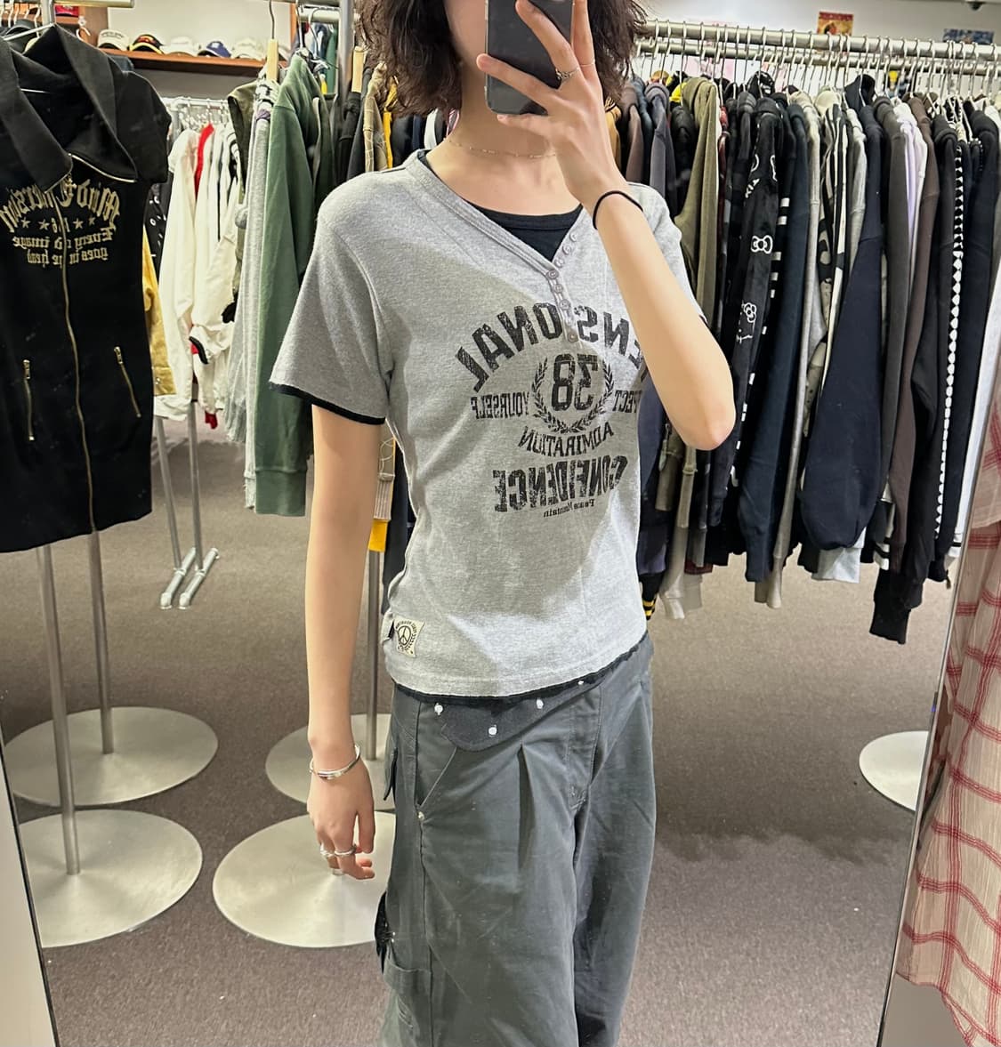 XL)Japanese vintage 여성 그레이 헨리넥 레이어드 반팔 상품이미지3