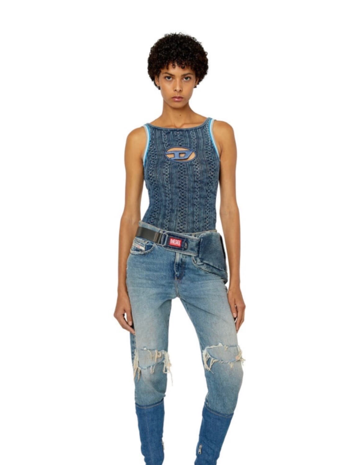 디젤 M-일라그로스 오발 D 컷아웃 니티드 로고 바디수트 블루 상품이미지2