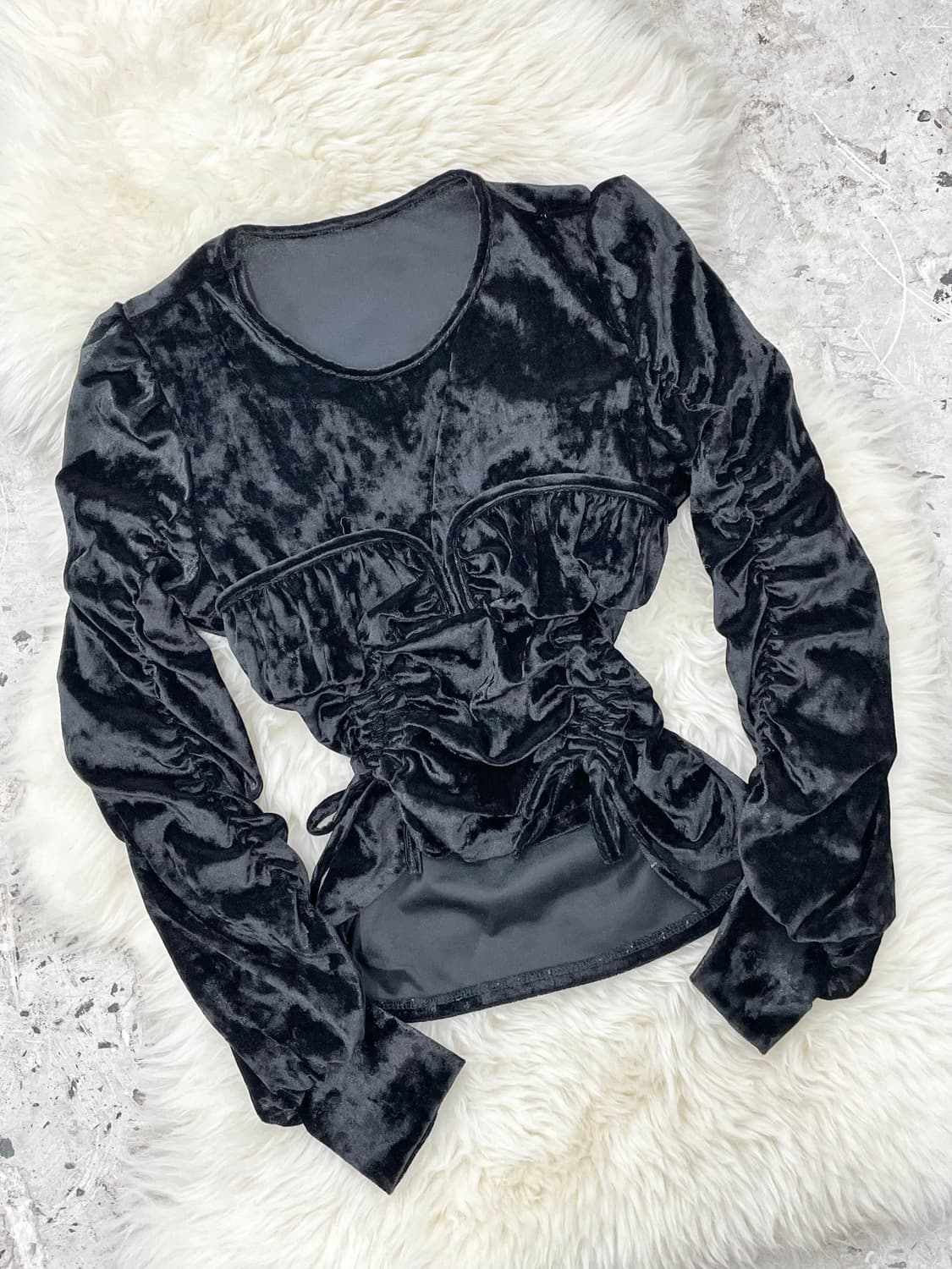 블랙 벨벳 셔링 블라우스 상품이미지3