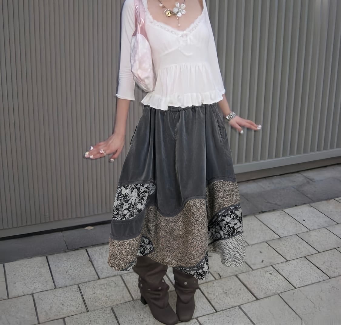 JP vintage 패치 워크 오리엔탈 벨벳 스커트 상품이미지1