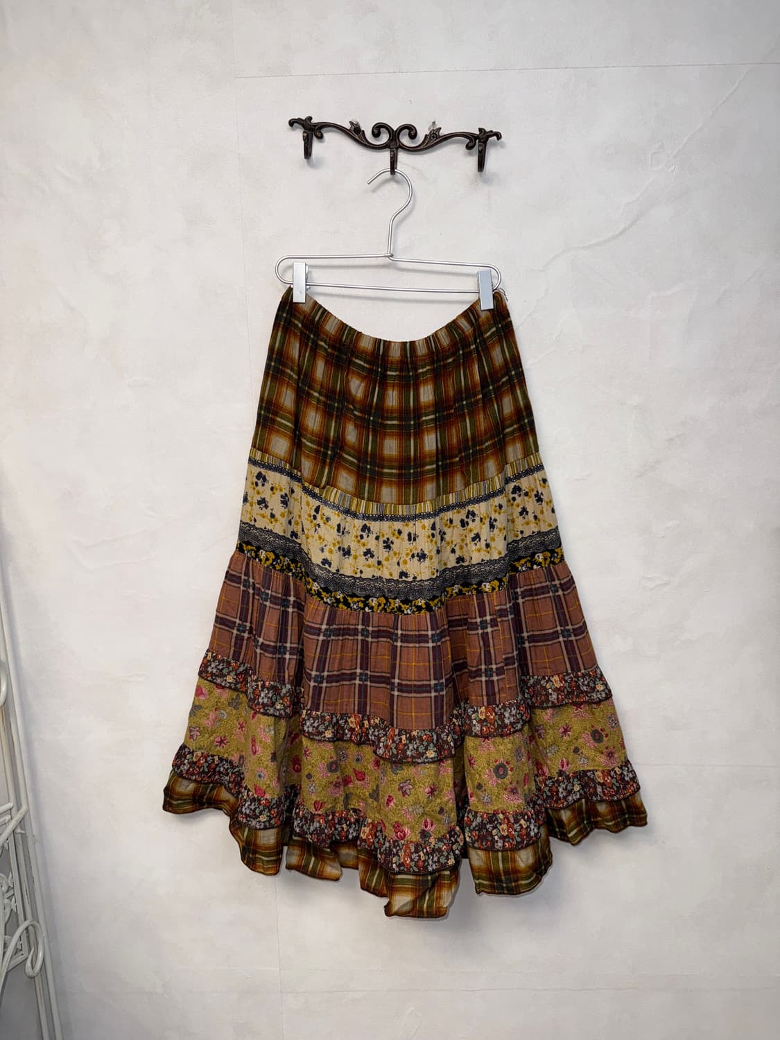 Brown bohemian floral check cancan skirt 상품이미지1