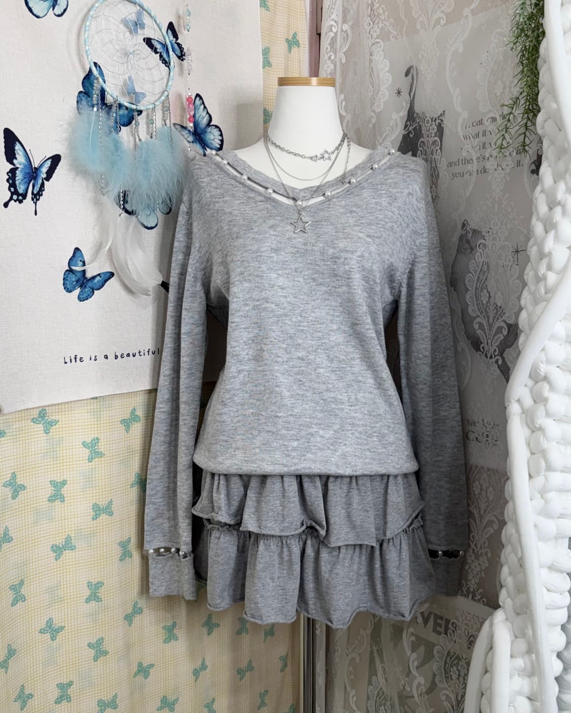 연그레이 진주 유니크 브이넥 니트 상품이미지5