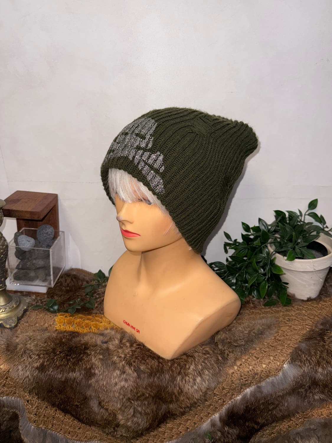 Khaki grunge damage skull loose beanie  상품이미지1