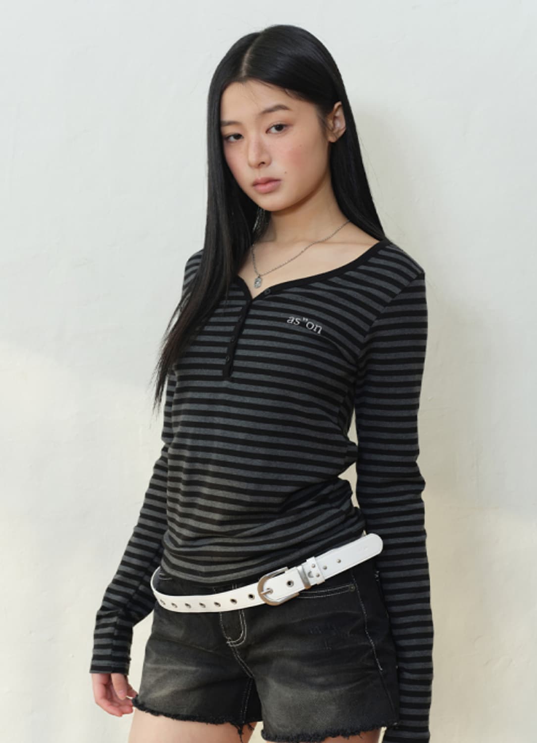 애즈온 스트라이프 헨리넥 긴팔 티셔츠 새상품 상품이미지2