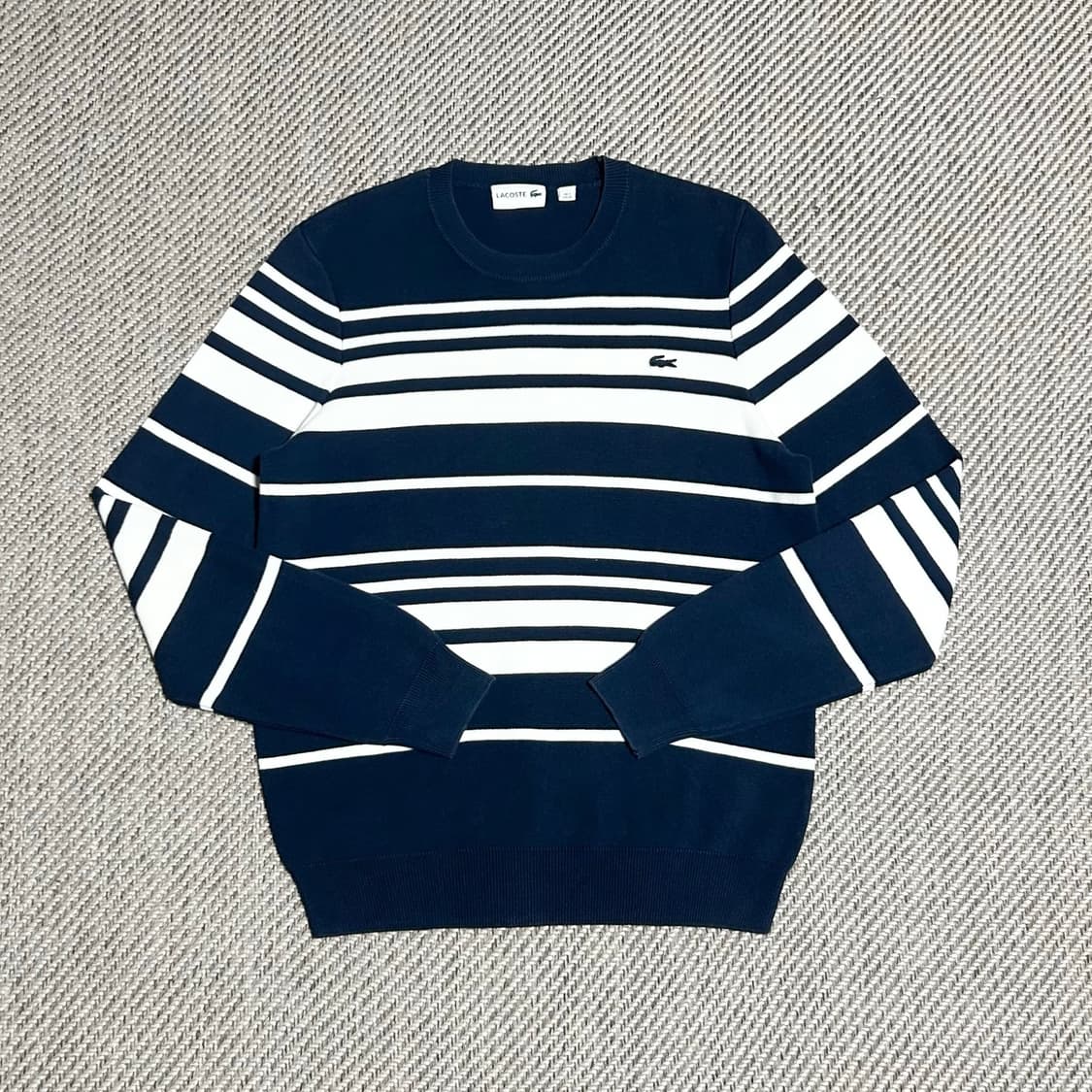 [S] Lacoste 라코스테 우먼즈 네이비 스트라이프 코튼 라운드 니트 상품이미지1