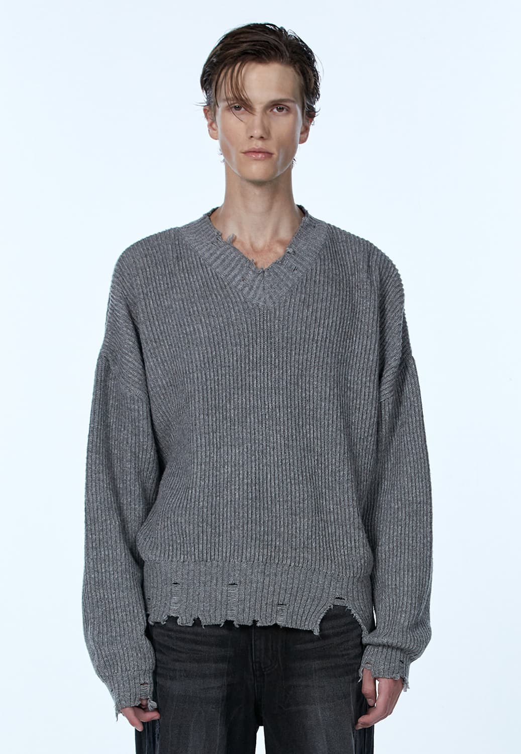 우알롱 브이넥 데미지 니트 그레이 S사이즈 상품이미지1