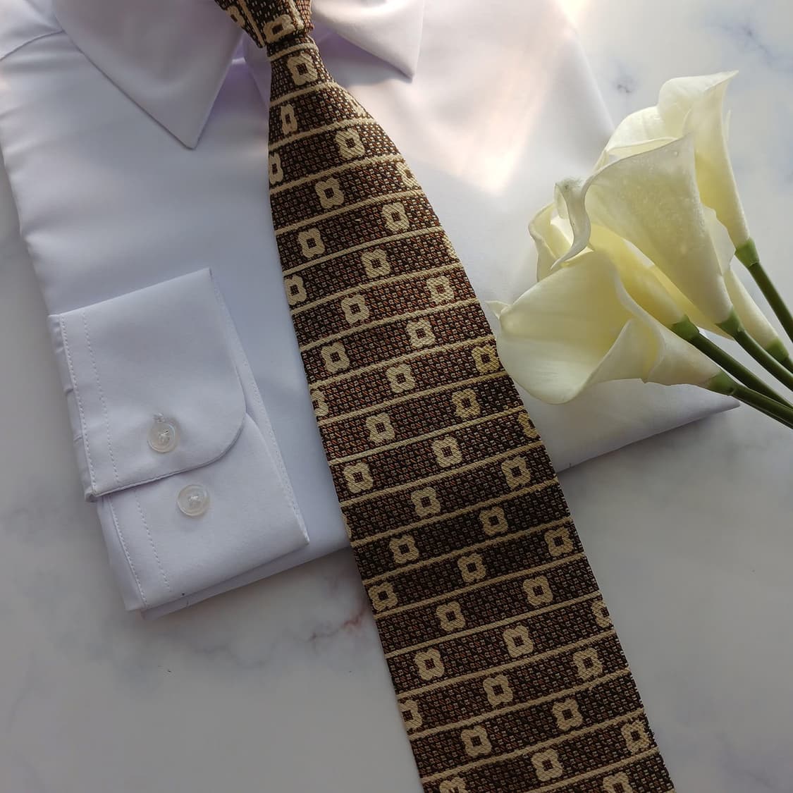 아쿠아스큐텀 실크 베이지 기하 패턴 넥타이 9.6cm A등급 A18793 상품이미지5