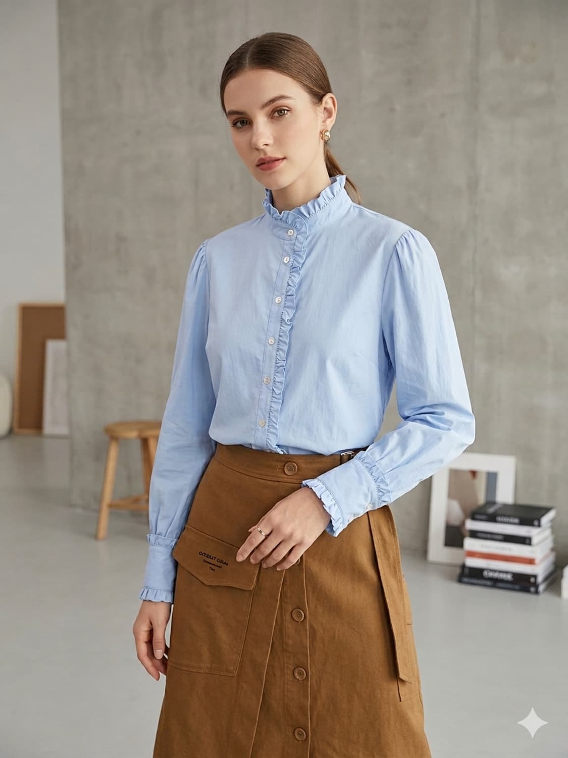 TAV 프릴 스탠드 넥 블라우. 쥬시쥬디 언발 카고 스커트 상품이미지1