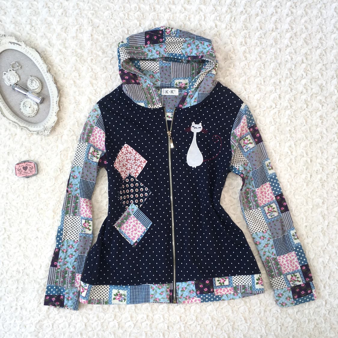 dot patchwork meow hood zip-up 상품이미지6