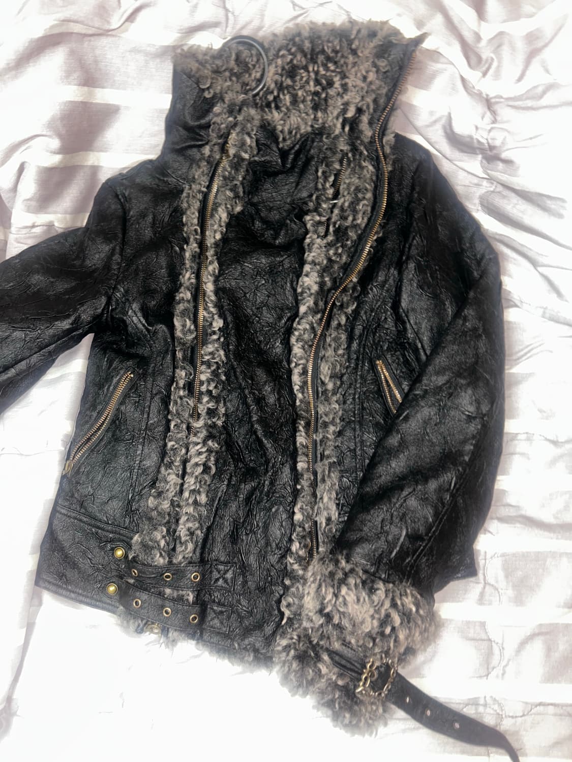 ARIADNAw 자켓 더블 지퍼 헤비듀티 벨벳 퍼 스트레이트 가죽 자켓 상품이미지4