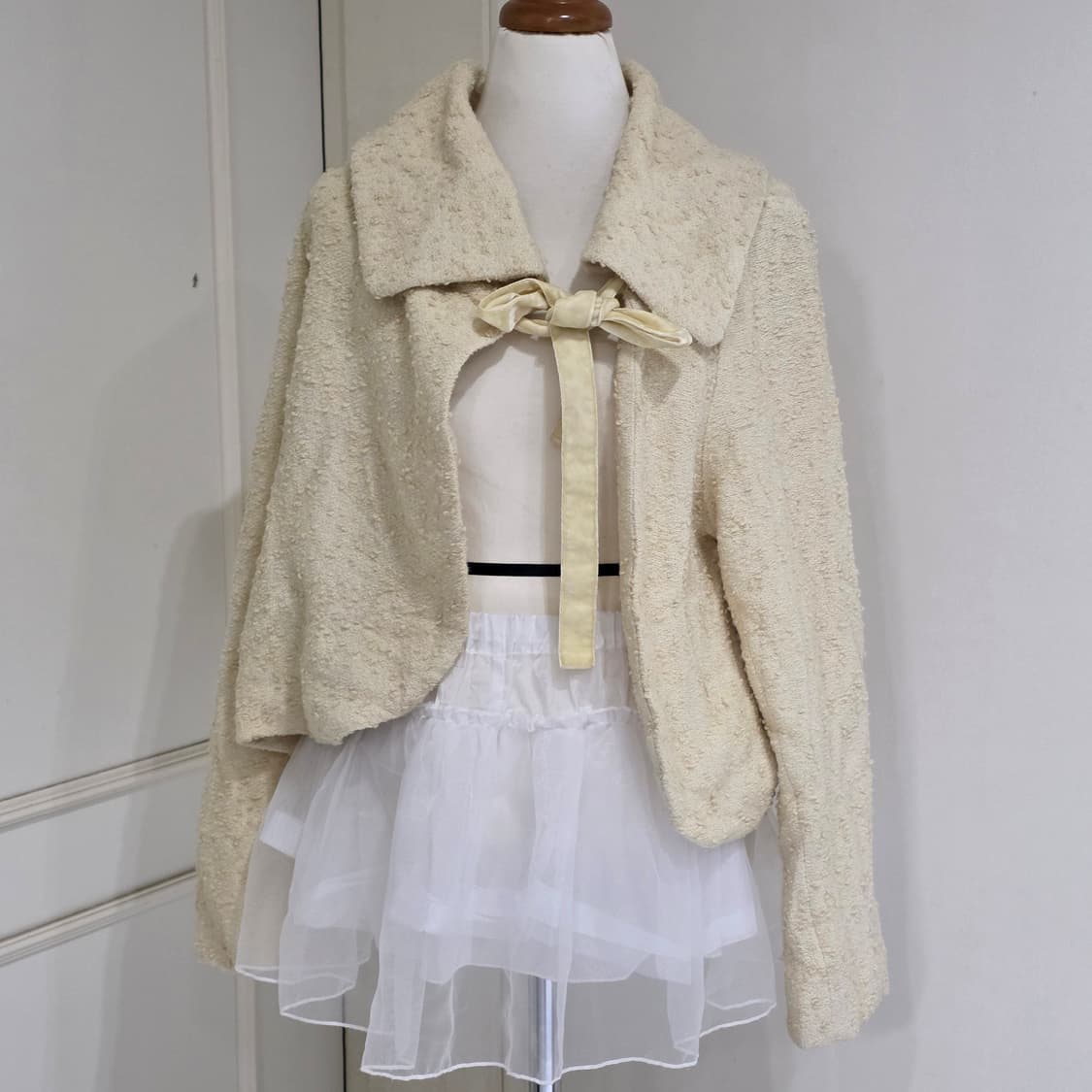 일본빈티지)로맨틱히메라떼갸루st 모리걸 트위드리즈리사깔 리본 볼레로자켓 상품이미지1