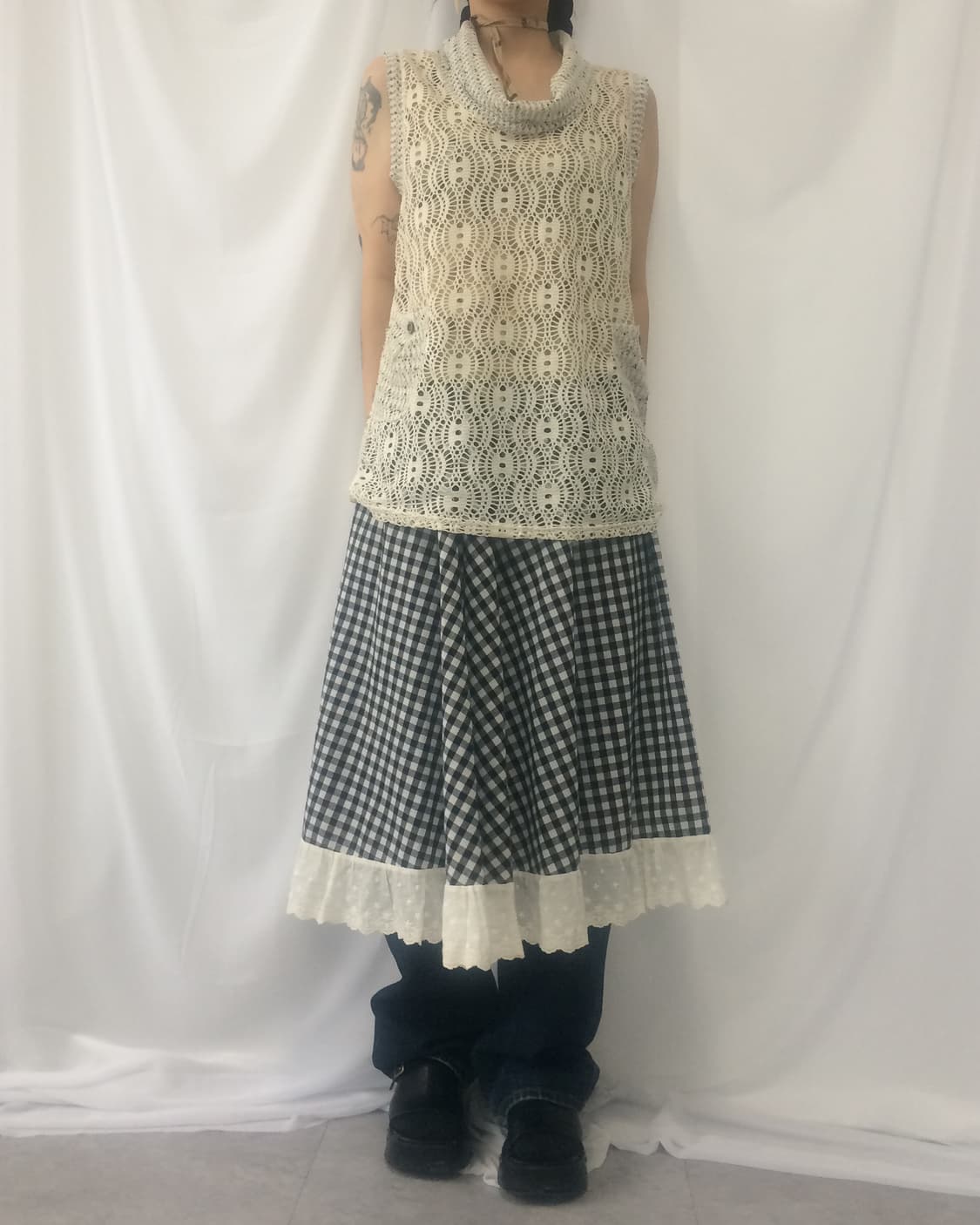 Punching trimming check pattern long ski 상품이미지5