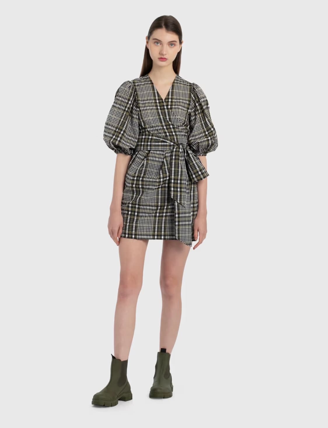 가니(GANNI) 시어서커 체크 랩 미니 원피스  상품이미지2