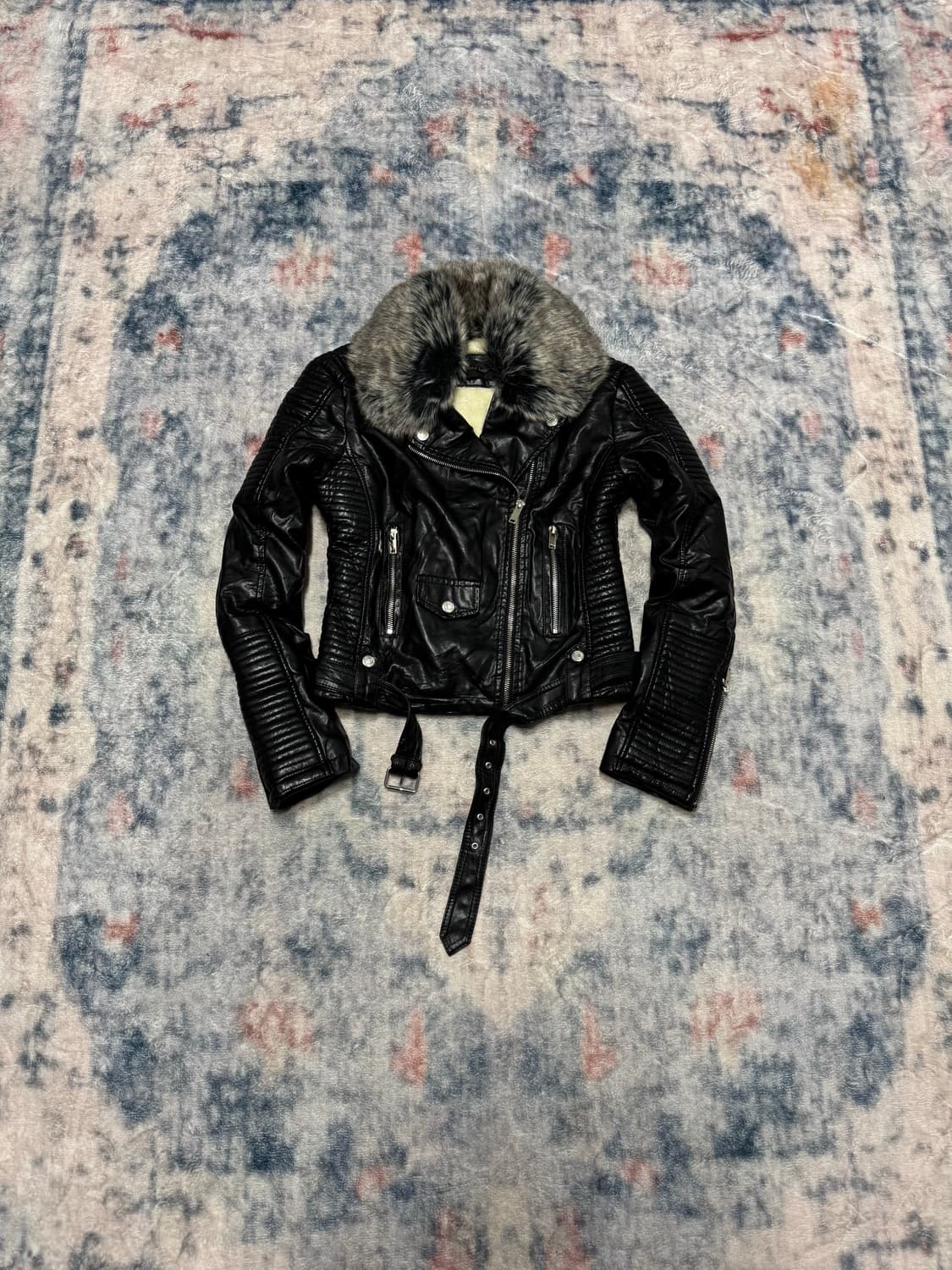 Unknown trimming fur fake leather jacket 상품이미지2