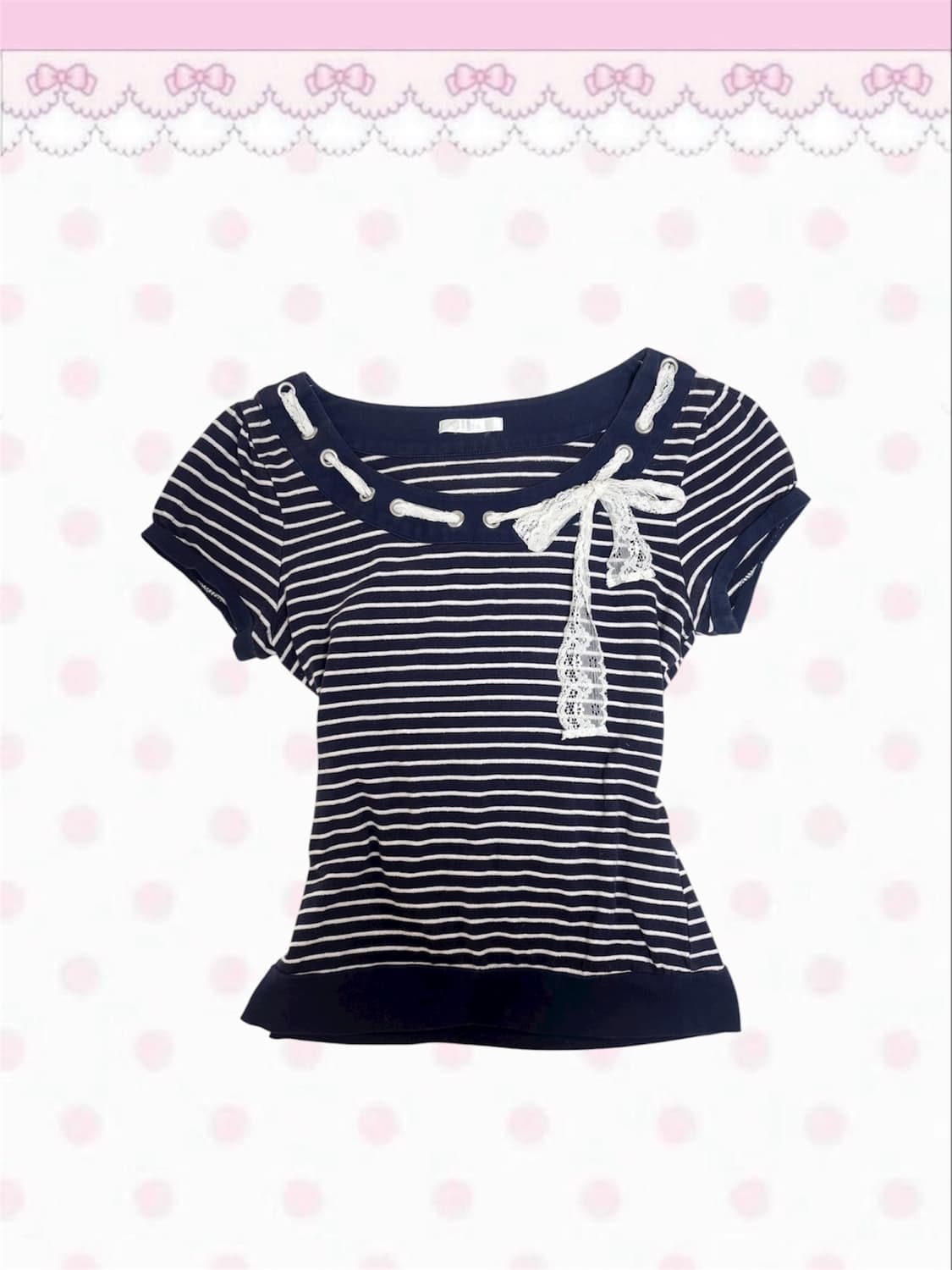 빈티지 네이비 화이트 스트라이프 레이스 리본 반소매 티셔츠 히메갸루로걀 상품이미지1