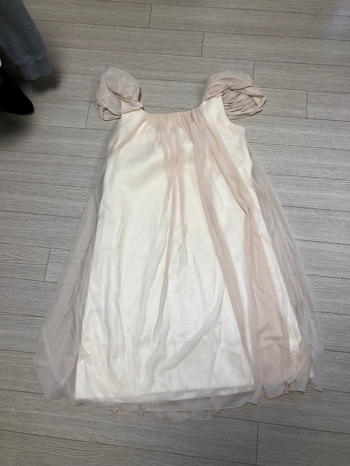 M 피치베이지 오간자 시폰 퍼프 핀턱 미디원피스 나시원피스 상품이미지2