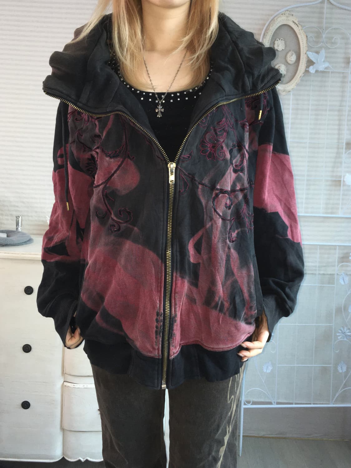 일본빈티지 오리엔탈 자수 블랙 후드집업 상품이미지6