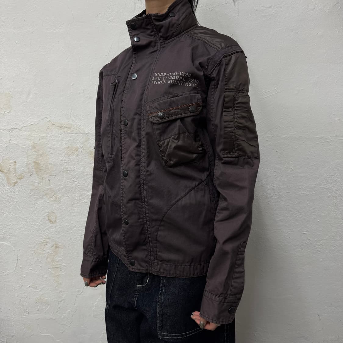 아비렉스 플럼컬러 배색 코튼 나일론 패치워크 히든후드 플라이트 자켓 상품이미지1