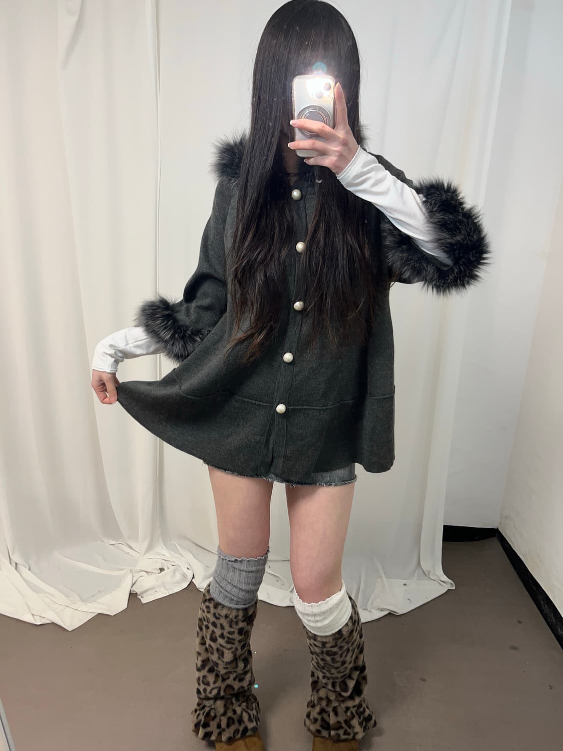 갸루st 울프죠 그레이 후드 판쵸 가디건 상품이미지6