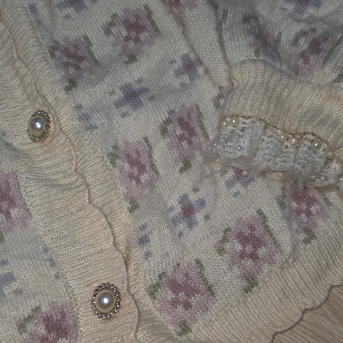 Swankiss 일본빈티지)양산형st 로맨틱 프릴 진주 플라워 니트가디건 상품이미지3