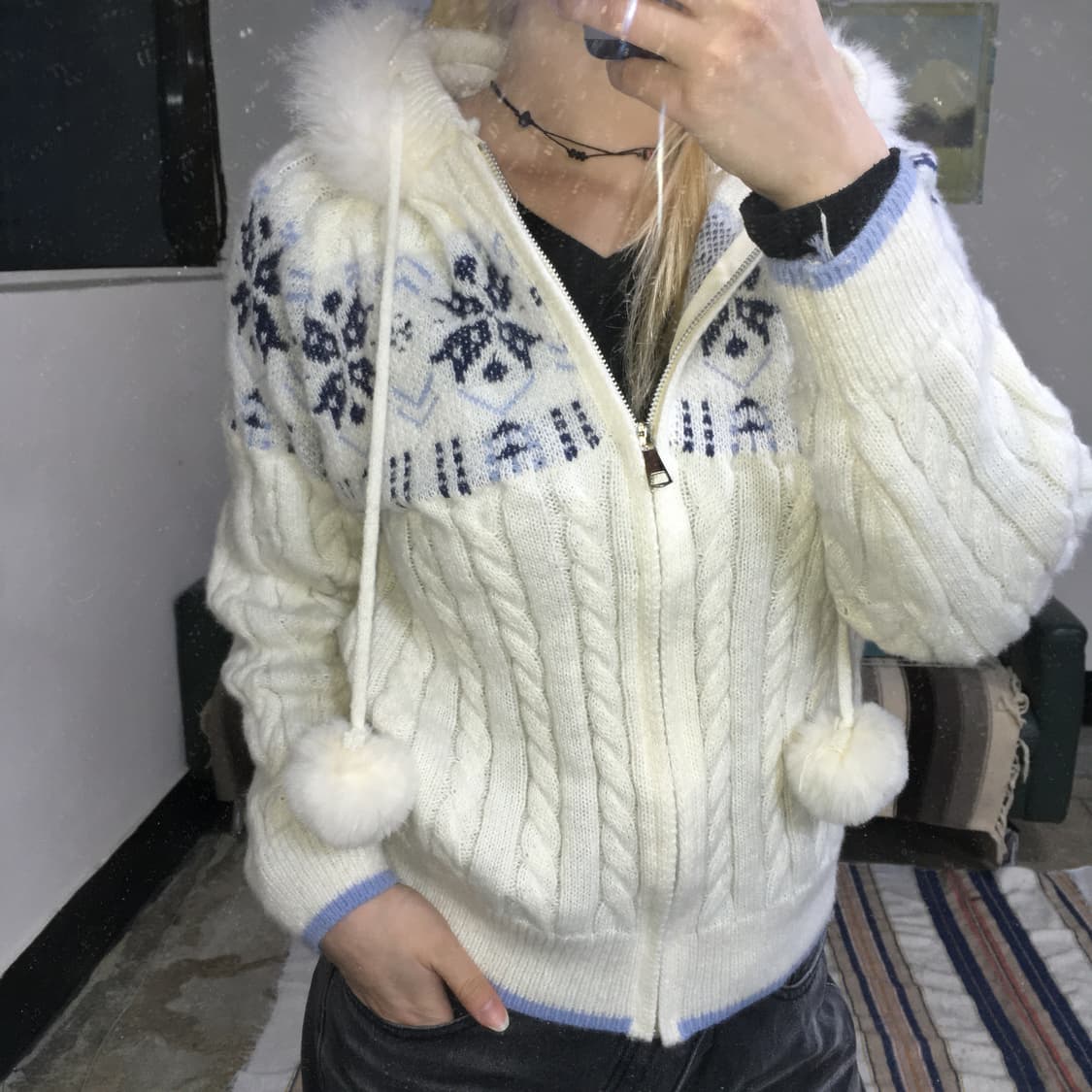 투티/0285 러블리 퍼 모자 폼폼 니트 노르딕 스포티 스웨터 집업 후드 상품이미지2