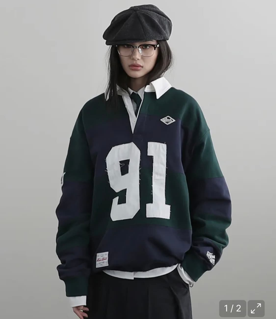 배드블러드 스포츠 스트라이프 럭비 스웻셔츠 - 그린/네이비 상품이미지1