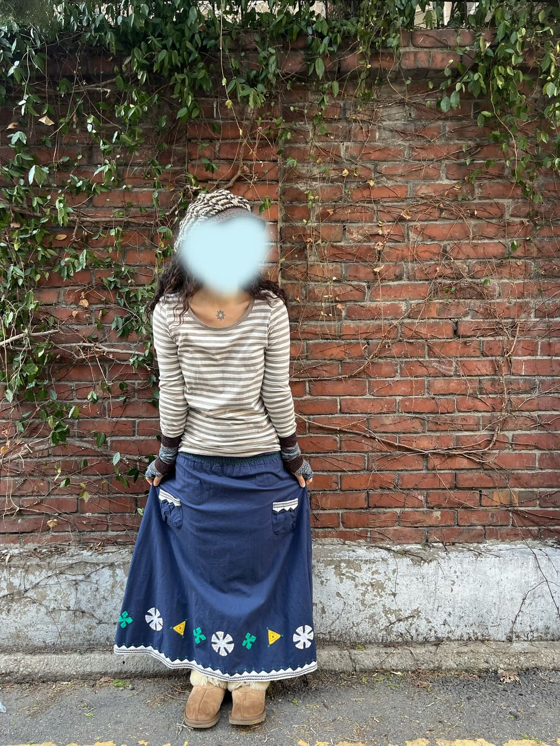 패치 포인트 블루 코튼 롱스커트 상품이미지3