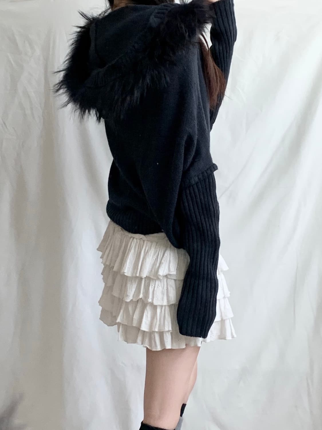 딥네이비 펑크 오네갸루 퍼 가오리핏 니트 후드집업 상품이미지3