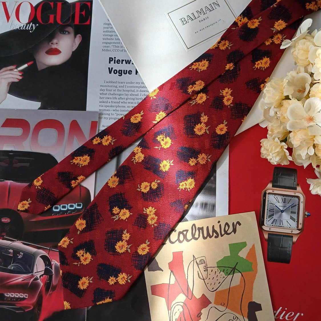 발망 실크 레드 플라워 아트 패턴 넥타이 9.5cm A+등급 A19161 상품이미지3