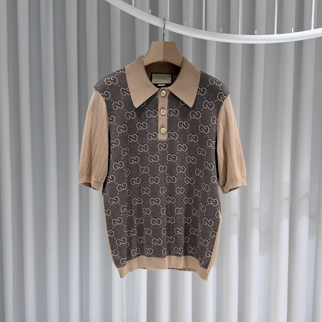 (S/M) / 구찌 라메 GG 자카드 니트 폴로 반팔 셔츠 브라운 상품이미지1