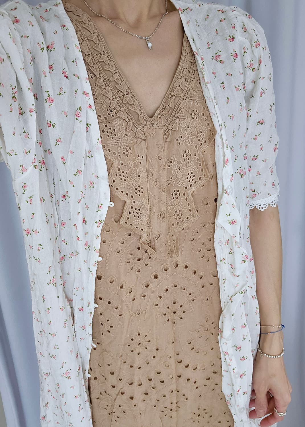 일본빈티지 레이스 원피스 + 플라워 롱 로브 세트 (여리핏) 상품이미지2